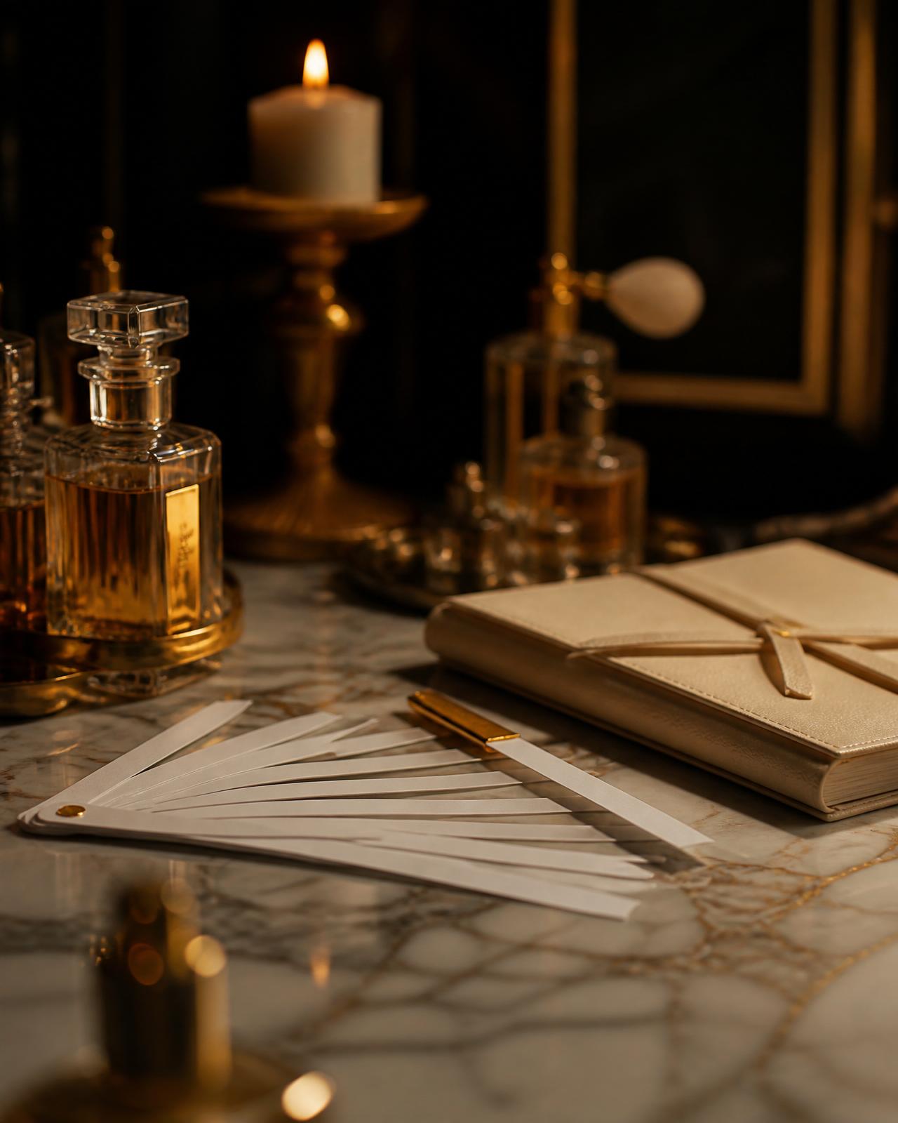Rendez-vous privé de parfumerie à Maison Sillage : mouillettes, carnet et flacons d'extraits Olfazeta sur marbre